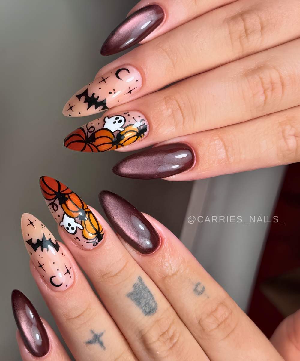 Pflaumenfarbene Cat Eye Naegel mit Kuerbissen und Fledermaeusen