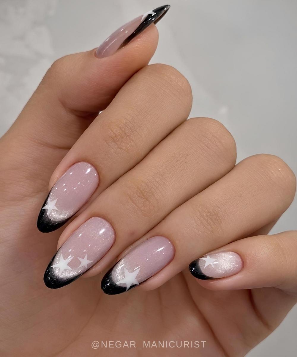 Schwarze French Spitzen mit Sternen und Cat Eye Effekt