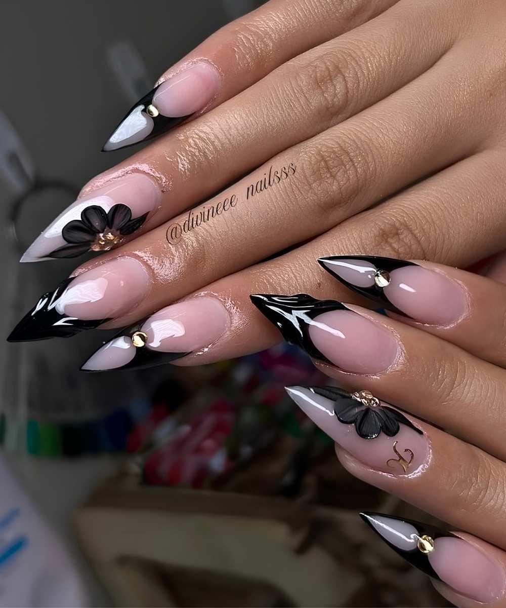 Schwarze Stiletto French Naegel mit verschiedenen Designs