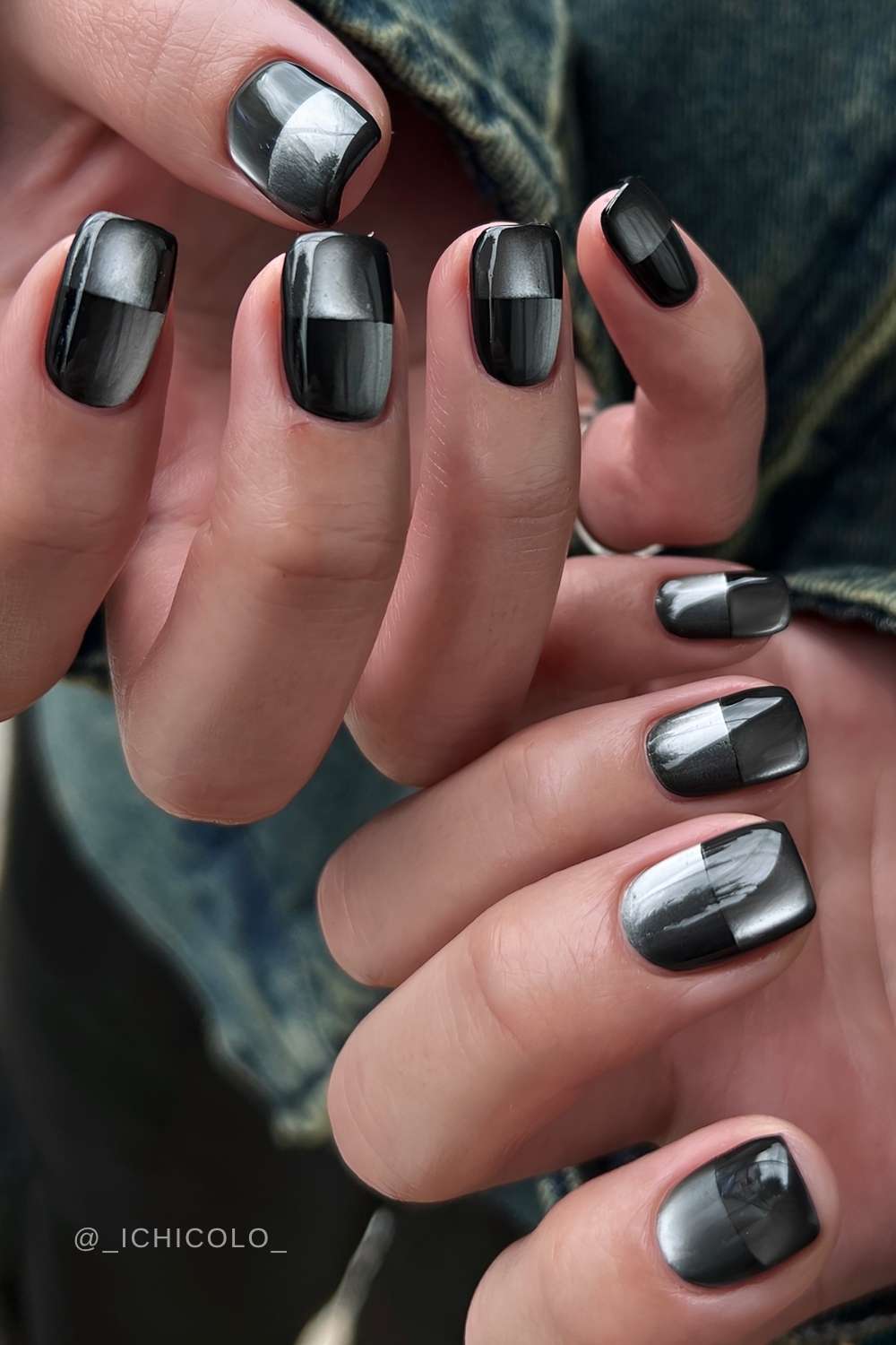 Schwarze und silberne Cat Eye Naegel mit Blockeffekt